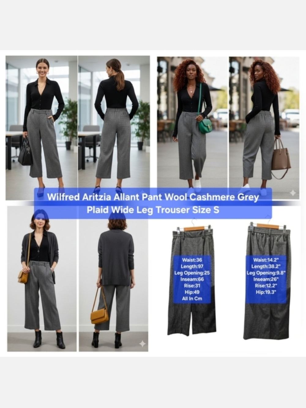 Aritzia Wilfred Allant Pant Wool Cashmere Grey Plaid Wide Leg Trouser Size S